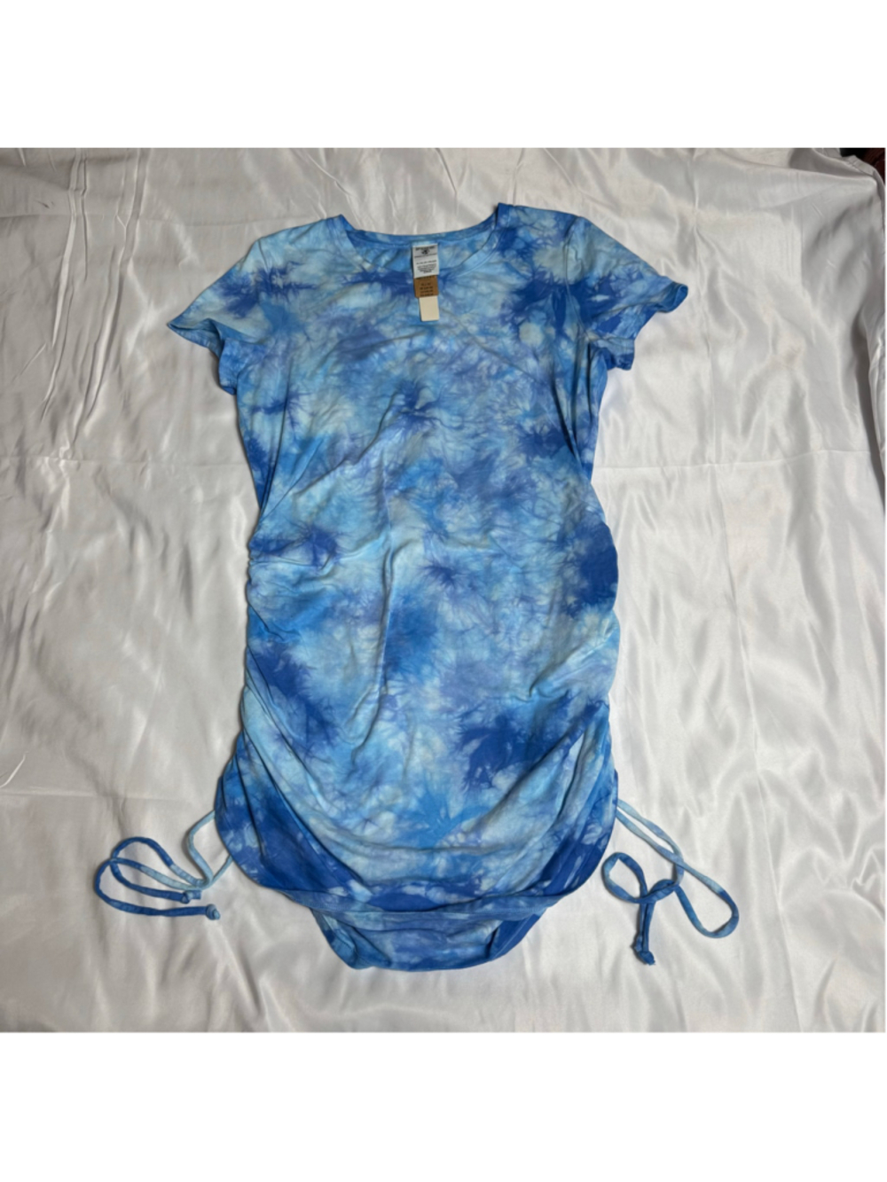 Women's PINK Tie-Dye Ruched Mini Dress, Size XL, Blue and White
